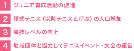 01.ジュニア育成活動の促進　02.硬式テニスの人口増加　03.競技レベルの向上　04.地域団体と協力してテニスイベント・大会の運営